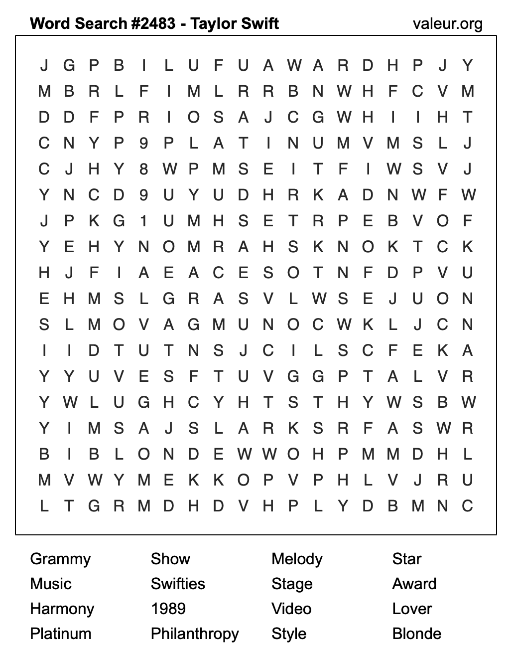 Taylor Swift Word Search Puzzle #2483