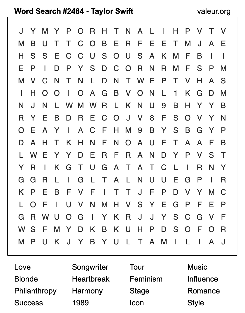 Taylor Swift Word Search Puzzle #2484