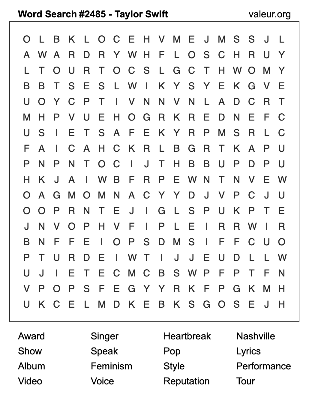 Taylor Swift Word Search Puzzle #2485