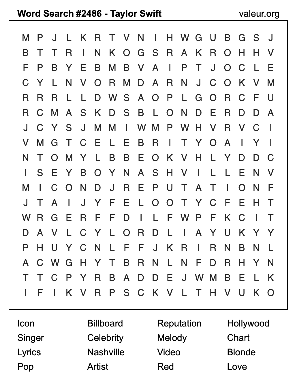 Taylor Swift Word Search Puzzle #2486