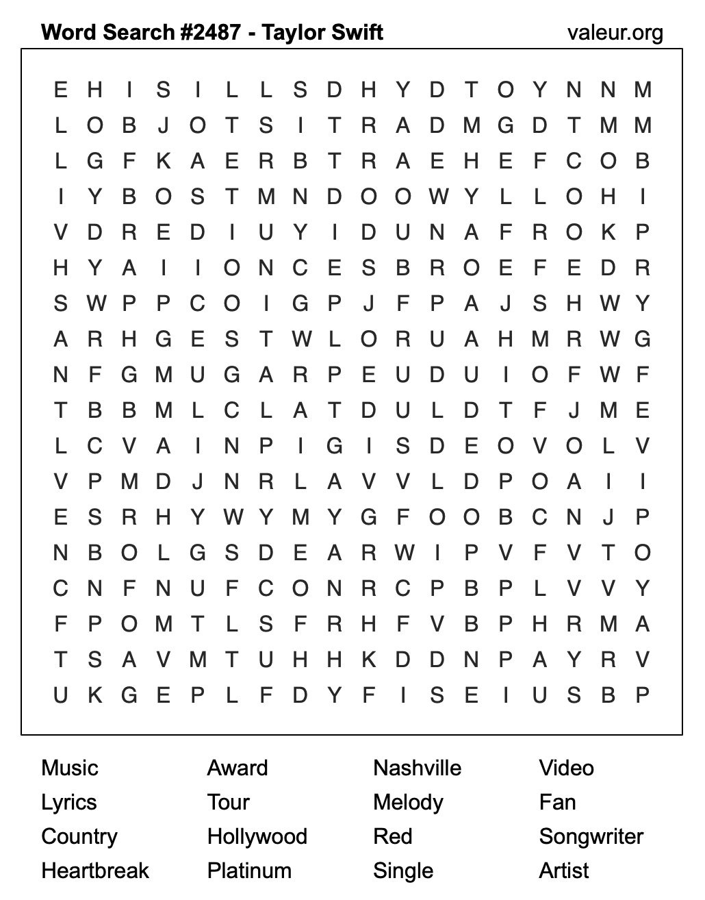 Taylor Swift Word Search Puzzle #2487