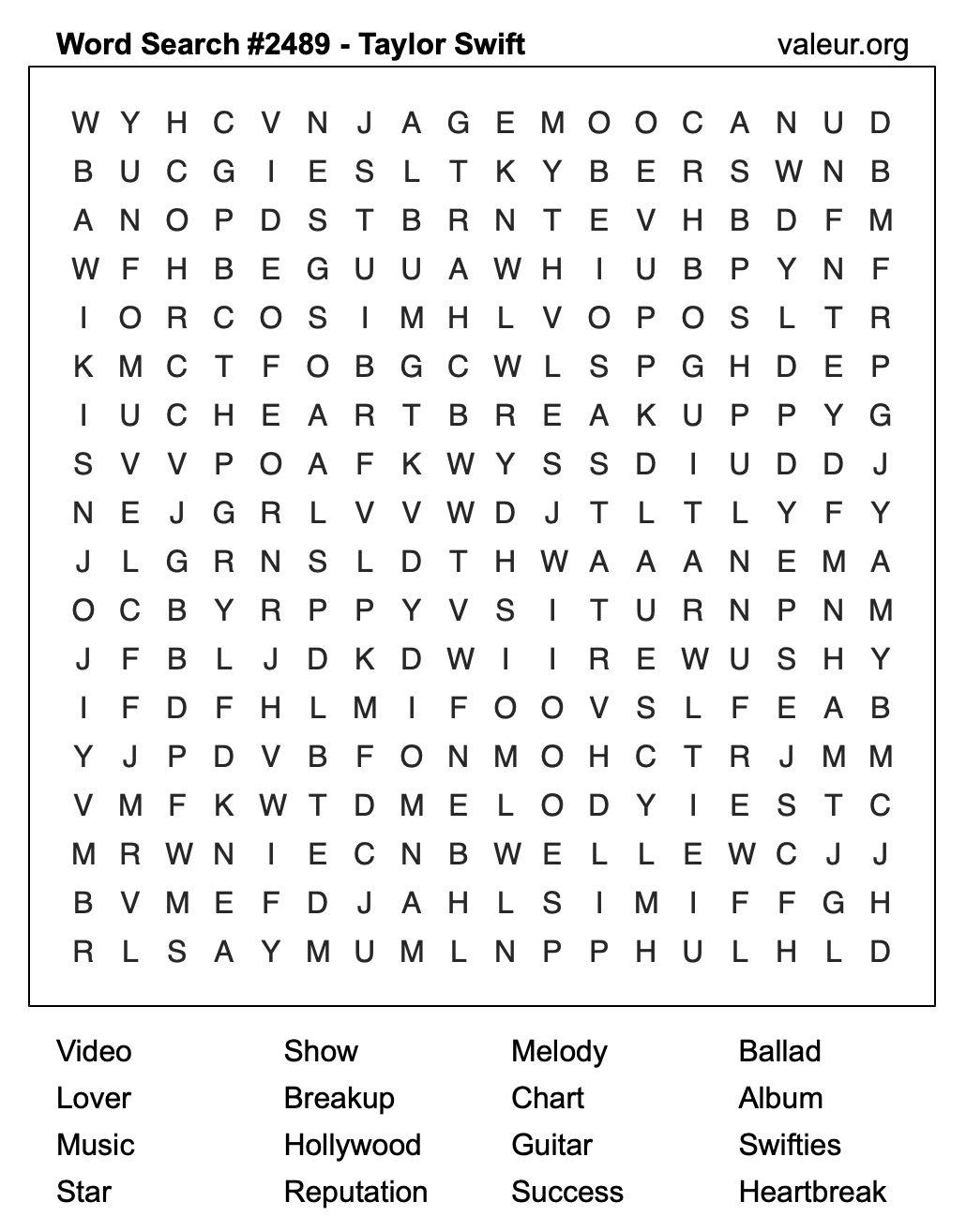 Taylor Swift Word Search Puzzle #2489