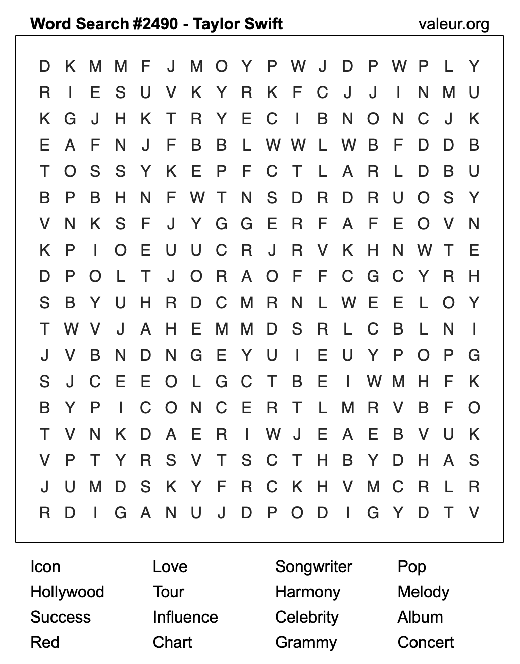 Taylor Swift Word Search Puzzle #2490