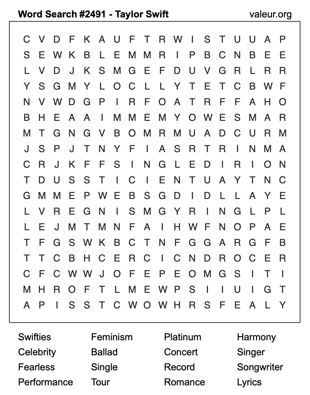 Taylor Swift Word Search Puzzle #2491