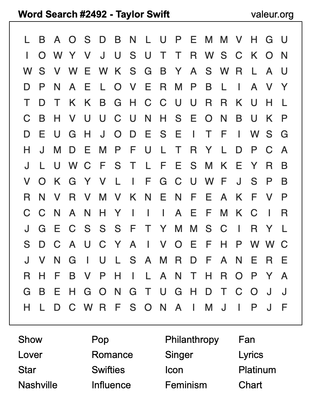 Taylor Swift Word Search Puzzle #2492