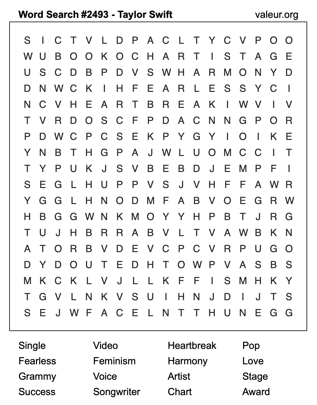 Taylor Swift Word Search Puzzle #2493