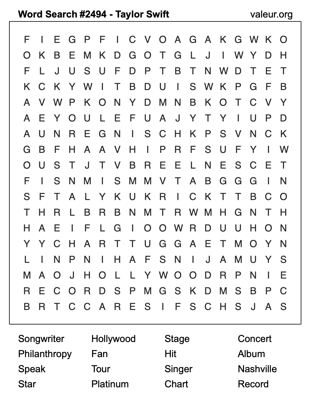 Taylor Swift Word Search Puzzle #2494