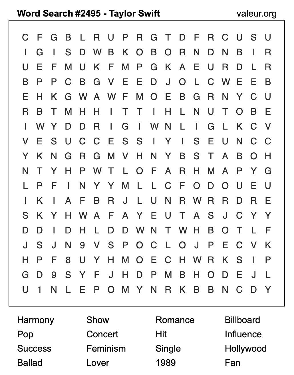 Taylor Swift Word Search Puzzle #2495