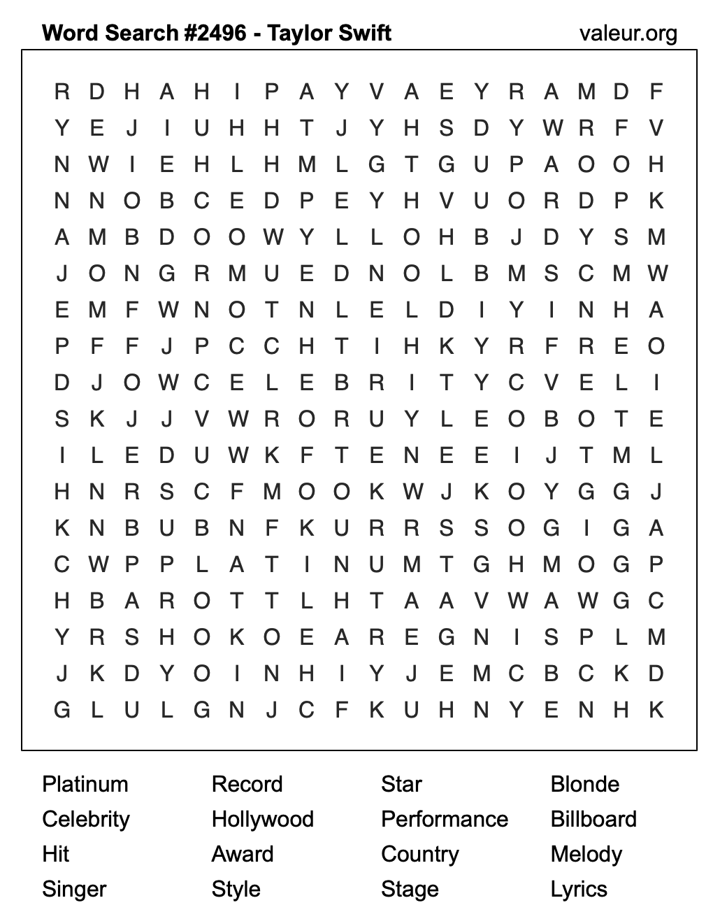 Taylor Swift Word Search Puzzle #2496