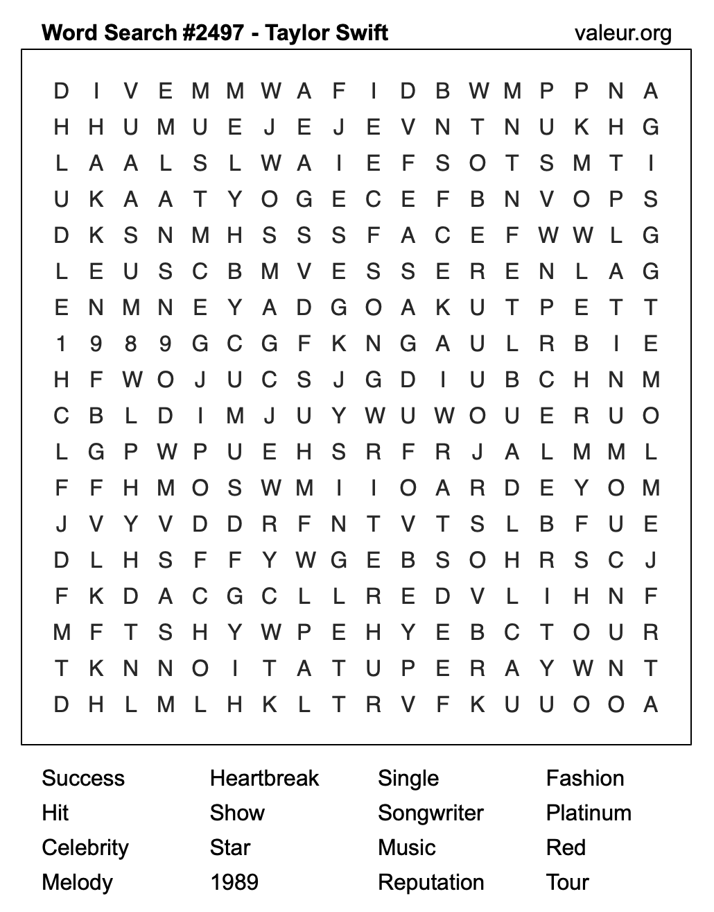 Taylor Swift Word Search Puzzle #2497