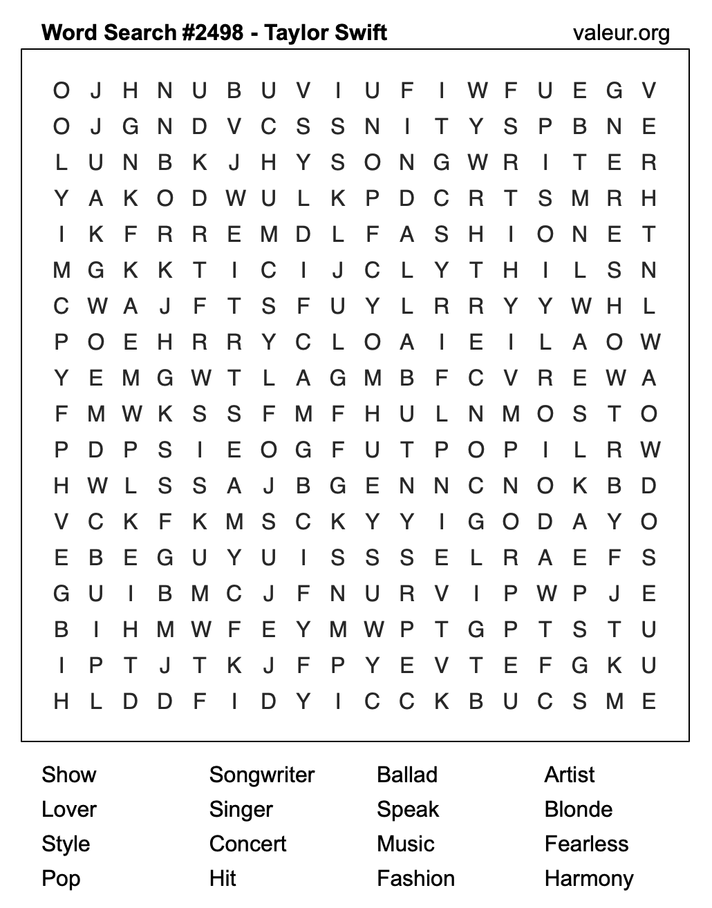 Taylor Swift Word Search Puzzle #2498