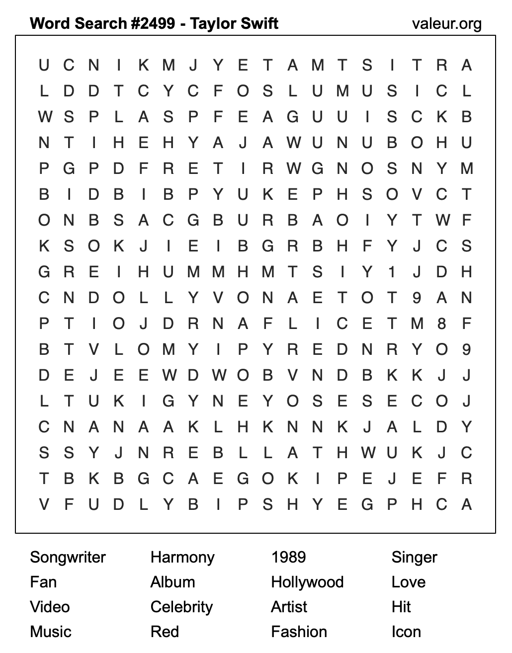 Taylor Swift Word Search Puzzle #2499