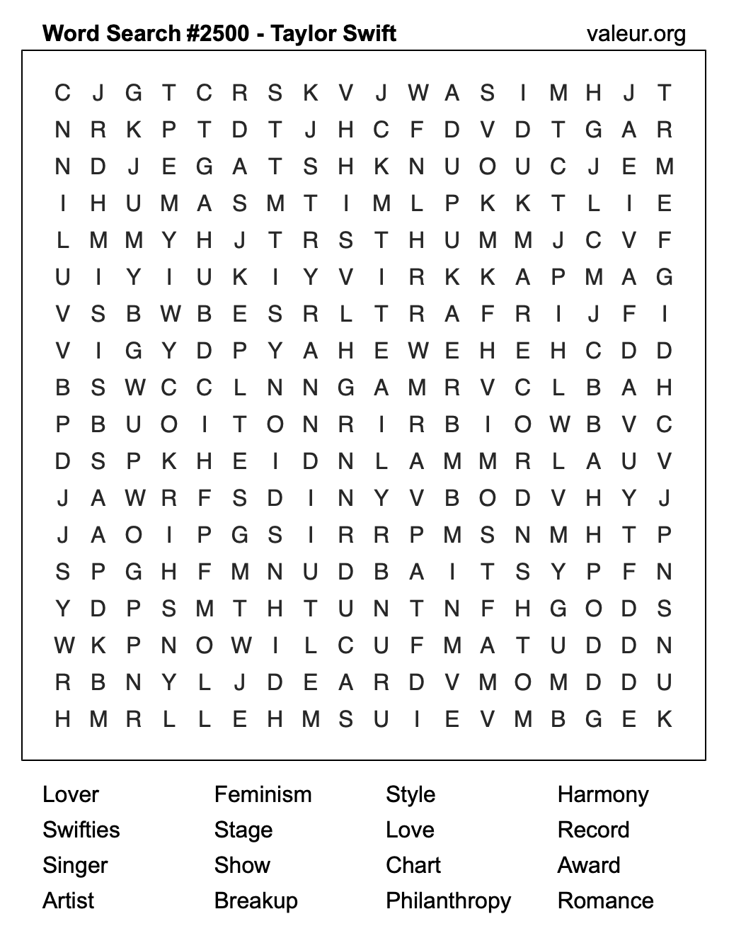 Taylor Swift Word Search Puzzle #2500