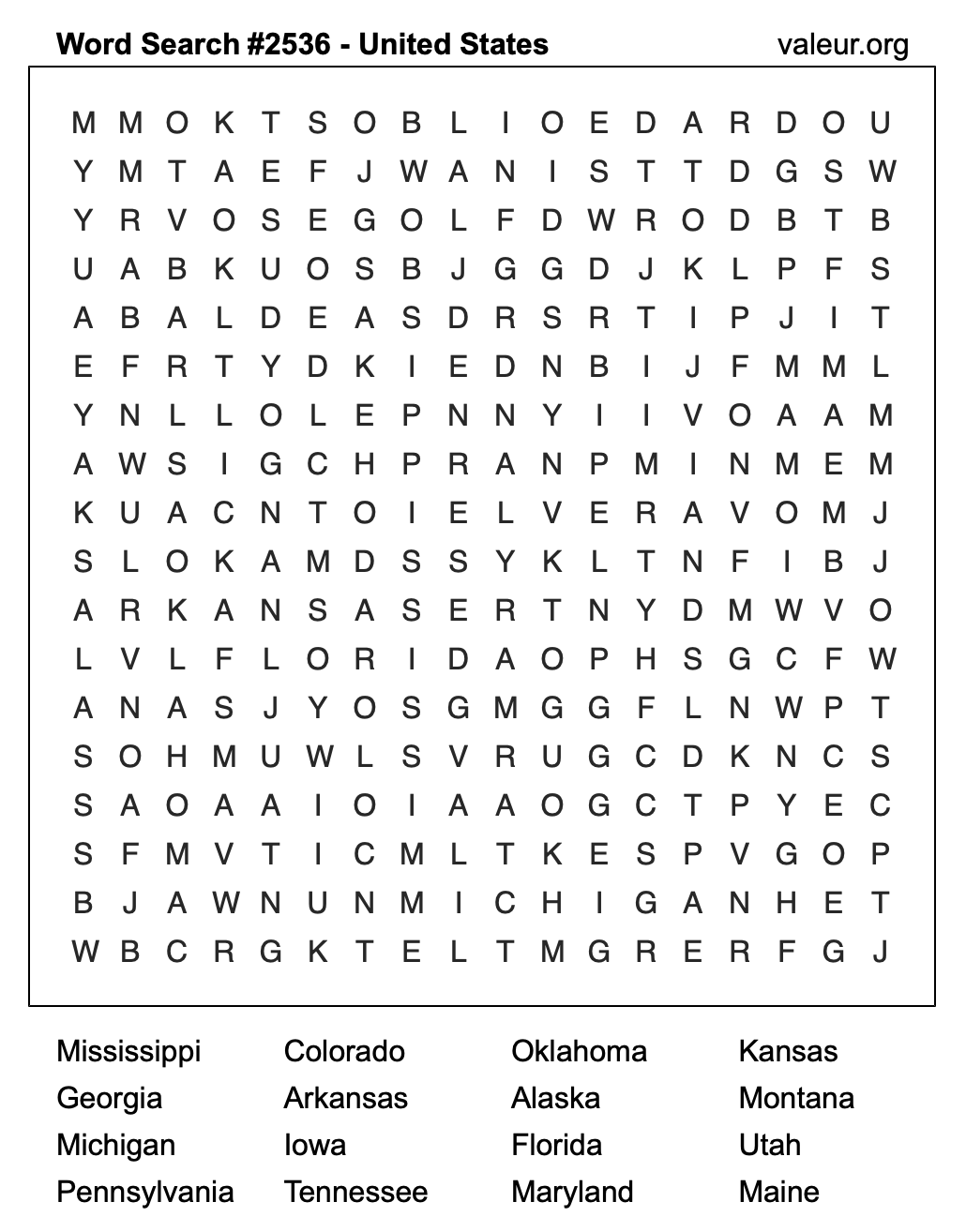 United States Word Search Puzzle #2536