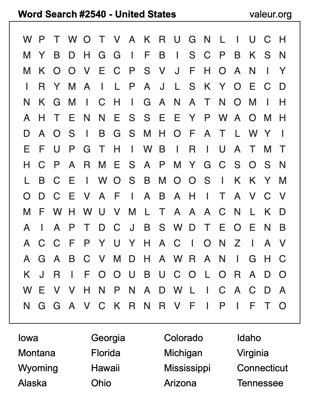 United States Word Search Puzzle #2540