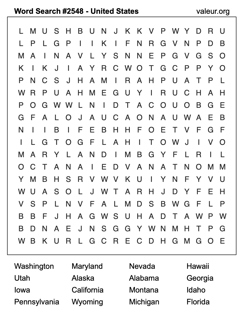 United States Word Search Puzzle #2548