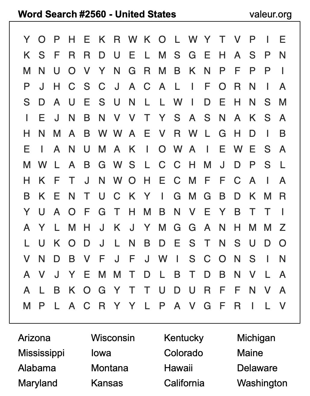 United States Word Search Puzzle #2560