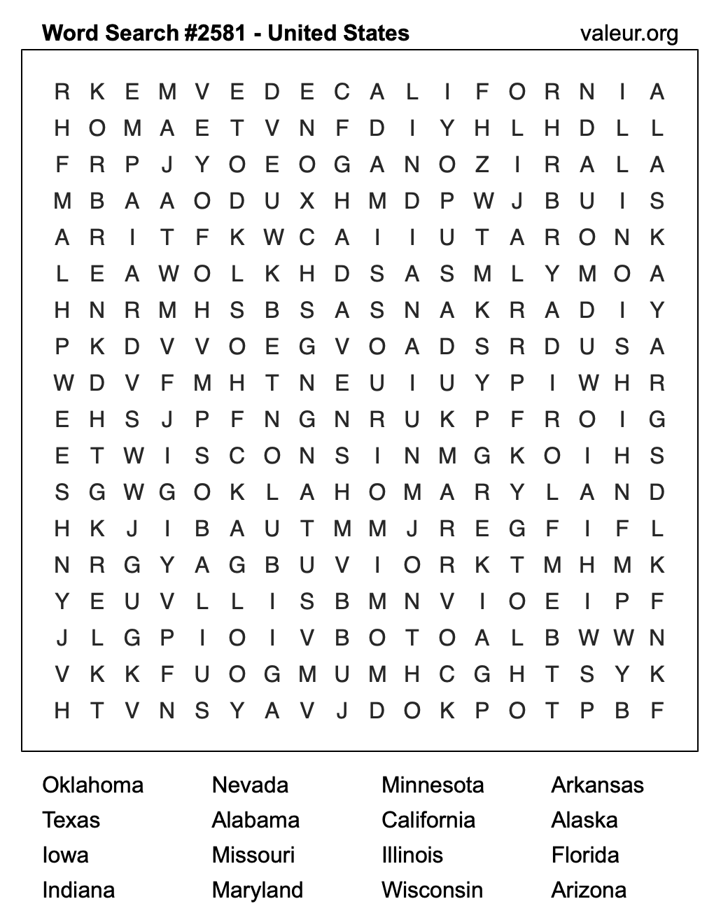 United States Word Search Puzzle #2581