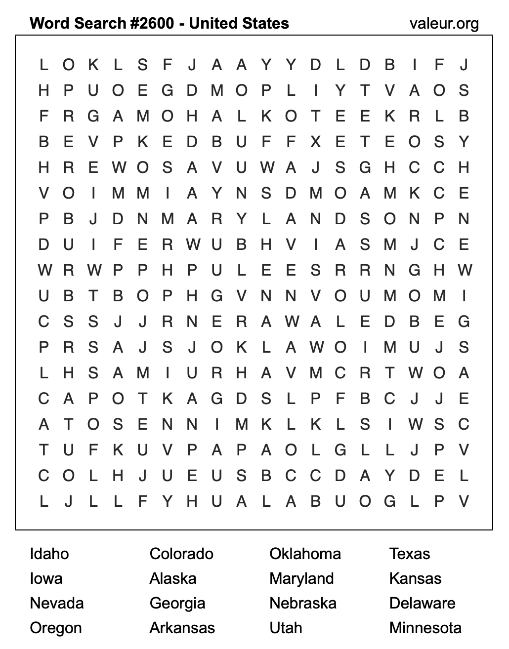 United States Word Search Puzzle #2600