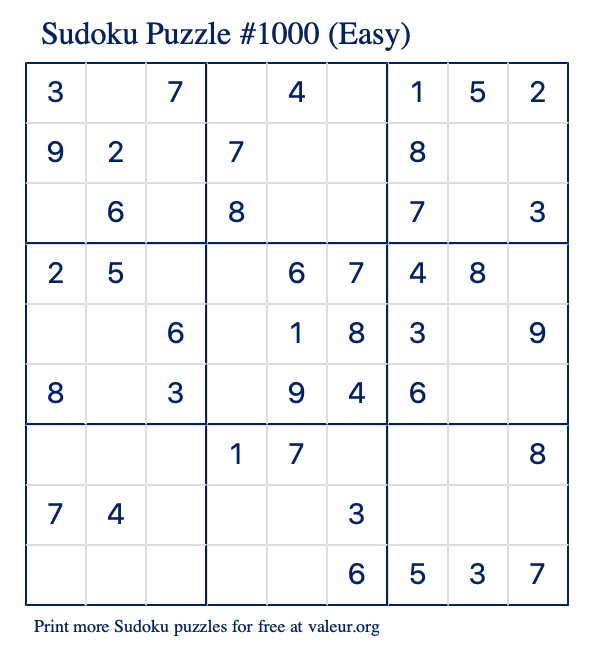 Free Printable Easy Sudoku Puzzle number 1000