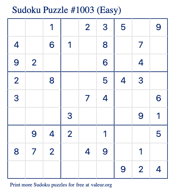 Free Printable Easy Sudoku Puzzle number 1003