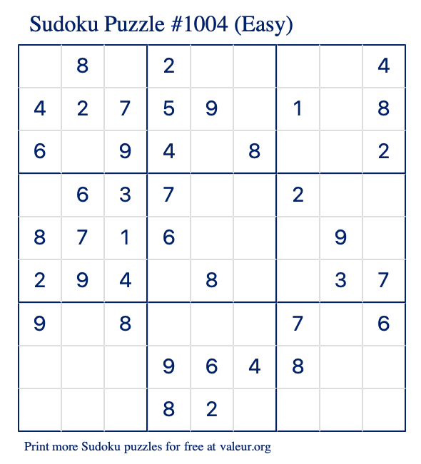 Free Printable Easy Sudoku Puzzle number 1004