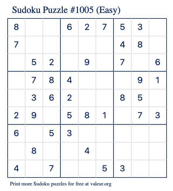 Free Printable Easy Sudoku Puzzle number 1005