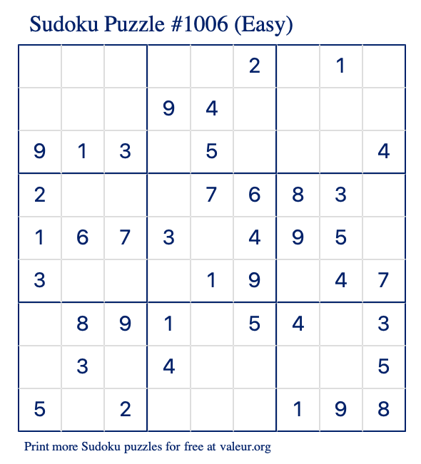 Free Printable Easy Sudoku Puzzle number 1006