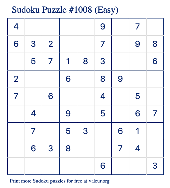 Free Printable Easy Sudoku Puzzle number 1008