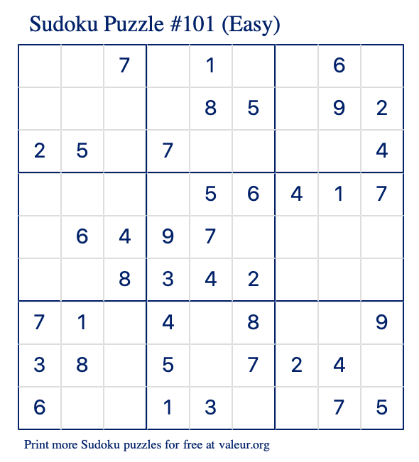 Free Printable Easy Sudoku Puzzle number 101