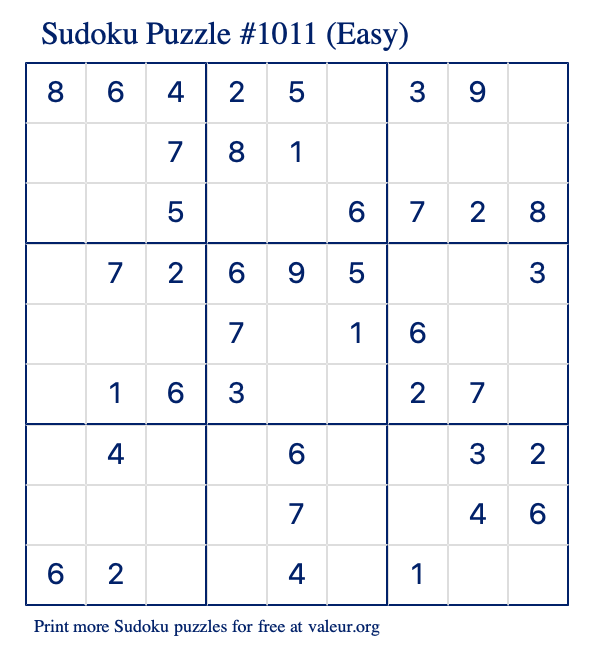 Free Printable Easy Sudoku Puzzle number 1011