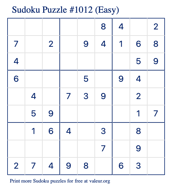 Free Printable Easy Sudoku Puzzle number 1012