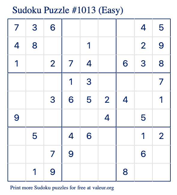 Free Printable Easy Sudoku Puzzle number 1013