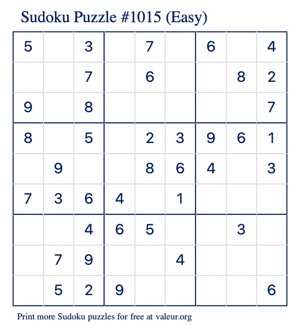 Free Printable Easy Sudoku Puzzle number 1015