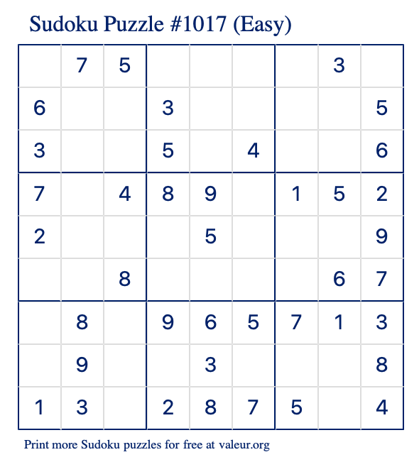 Free Printable Easy Sudoku Puzzle number 1017