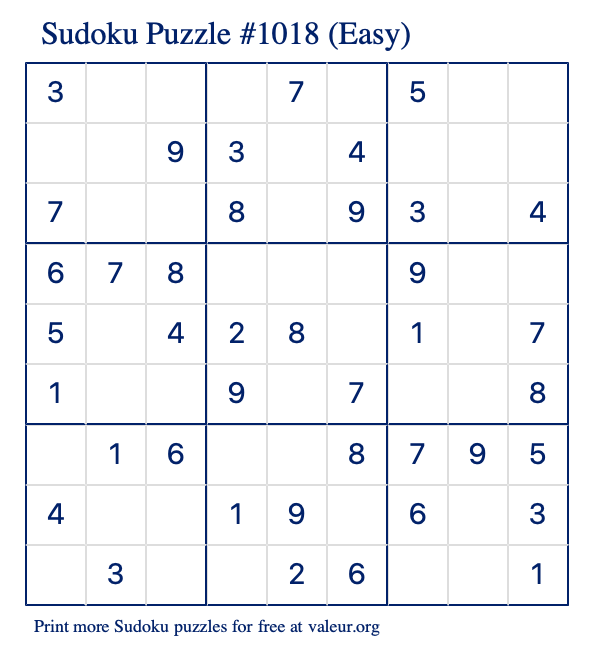 Free Printable Easy Sudoku Puzzle number 1018