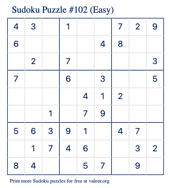 Free Printable Easy Sudoku Puzzle number 102