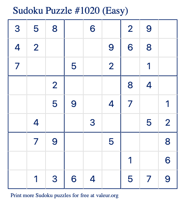 Free Printable Easy Sudoku Puzzle number 1020