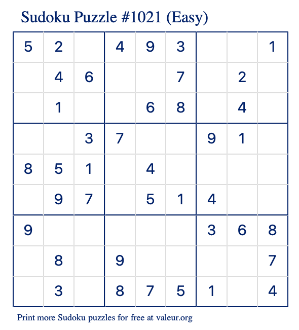 Free Printable Easy Sudoku Puzzle number 1021