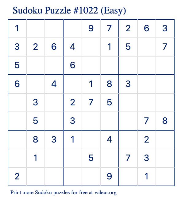 Free Printable Easy Sudoku Puzzle number 1022