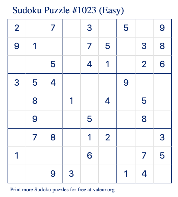 Free Printable Easy Sudoku Puzzle number 1023