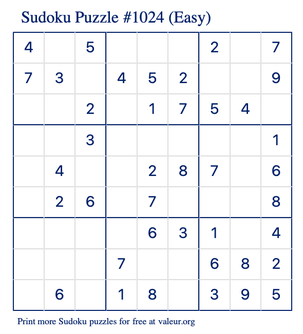 Free Printable Easy Sudoku Puzzle number 1024