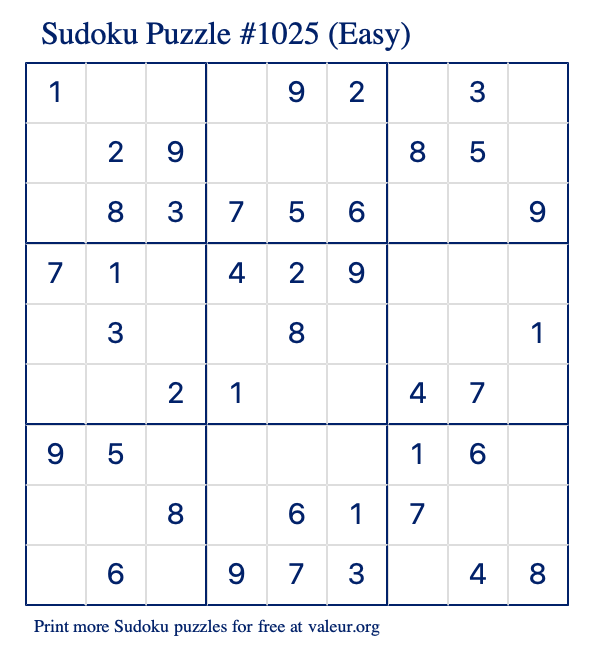 Free Printable Easy Sudoku Puzzle number 1025