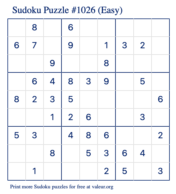 Free Printable Easy Sudoku Puzzle number 1026