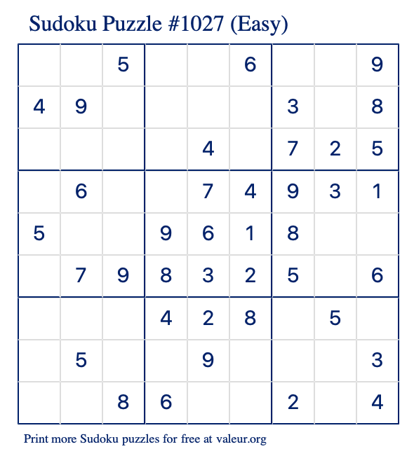 Free Printable Easy Sudoku Puzzle number 1027