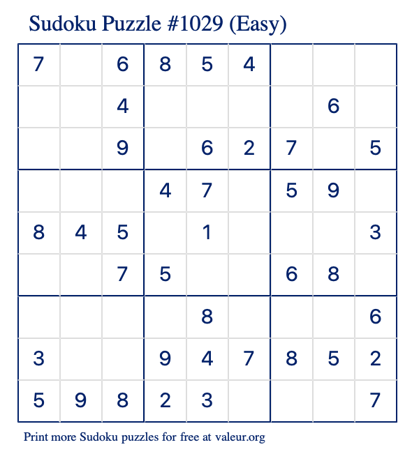 Free Printable Easy Sudoku Puzzle number 1029