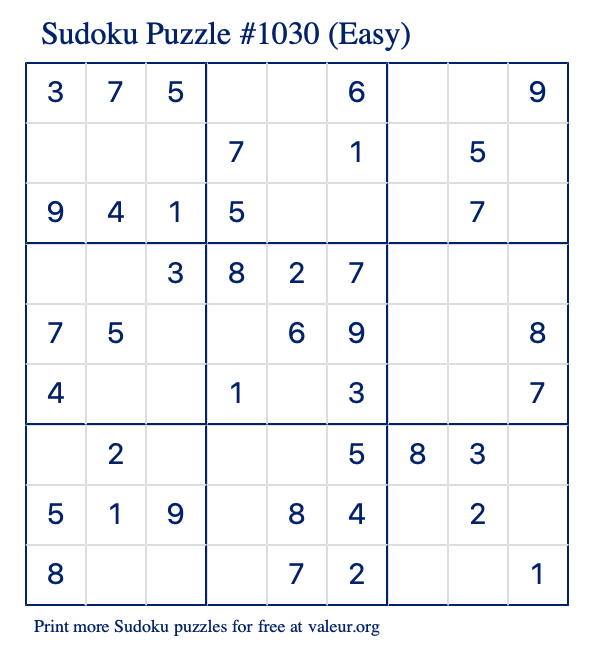 Free Printable Easy Sudoku Puzzle number 1030