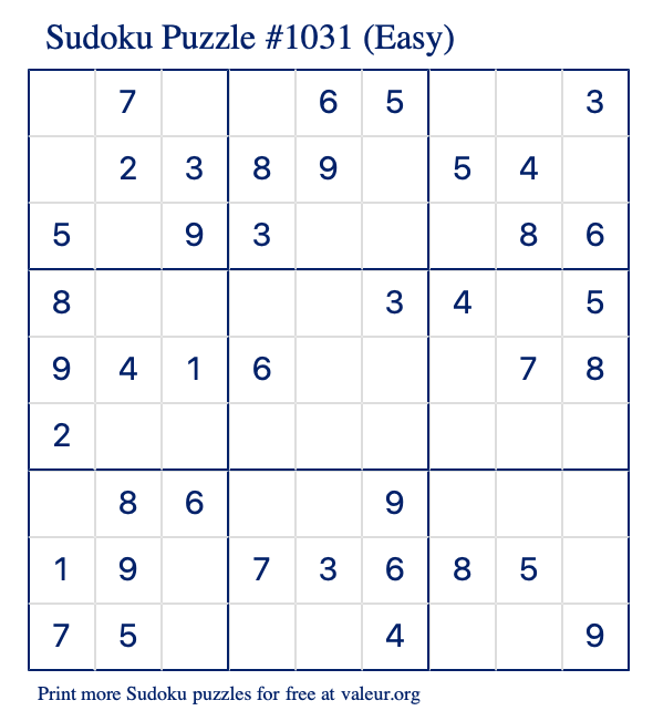 Free Printable Easy Sudoku Puzzle number 1031