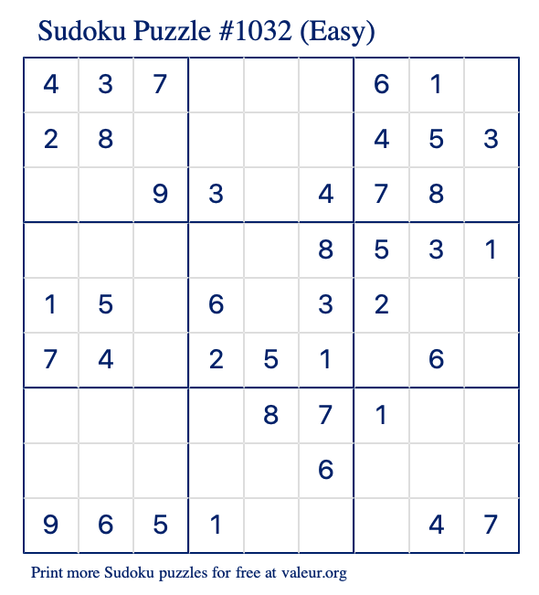 Free Printable Easy Sudoku Puzzle number 1032