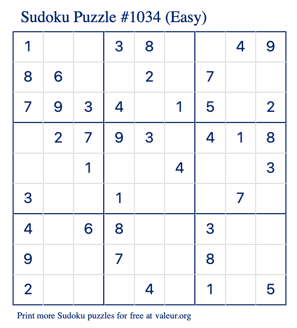 Free Printable Easy Sudoku Puzzle number 1034